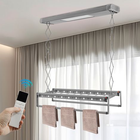 Étendoir à linge électrique escamotable - Plafond - Télécommande - Charge 35 kg - LED - Moteur silencieux - 8 barres - Pour balcon