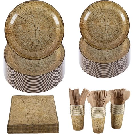 Service de table effet bois pour 30 - Assiettes, gobelets, serviettes et couverts en bois de 23 cm et 18 cm - Pour mariage, pique-nique, anniversaire, fête de Noël (1/5)