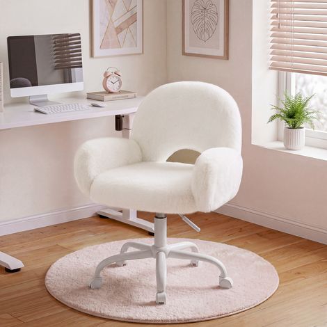 Klyvvo Chaise de Bureau Confortable, Fourrure Lapin Artificiel, Fauteuil Ergonomique pivotant, Chaise Coiffeuse, Hauteur réglable accoudoirs, Assise 10cm, Charge 140kg, Bureau Maison Chambre, Rose