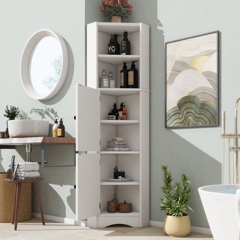 Meuble d'angle laqué blanc avec 2 niches ouvertes, 2 portes, des étagères réglables et un design épuré et simple. (1/5)