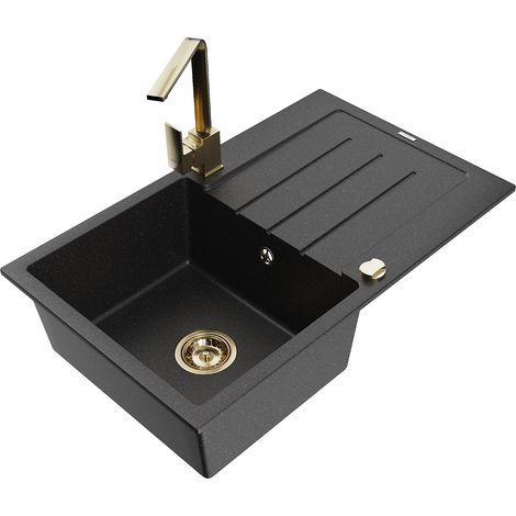 Mexen Bruno 1 Becken-Granitspüle mit Abtropffläche und Mischbatterie Rita, Schwarz/Silbermetallic -