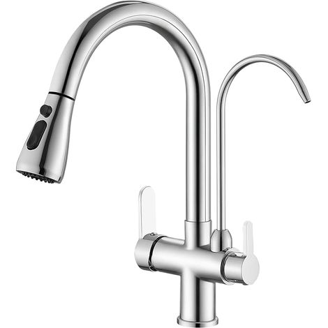 Mitigeur 3-en-1 en laiton, eau potable, orientable 360°, deux poignées, raccords chaud/froid/filtré, haute pression, douchette extractible(3 voies (01), chrome) (1/5)