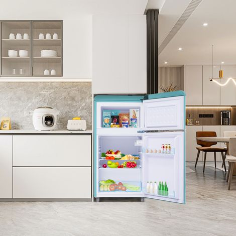 Réfrigérateur rétro double porte,72L total,21L congélation,120 kWh/an. Lumière LED,disponible en plusieurs coloris,classe E.