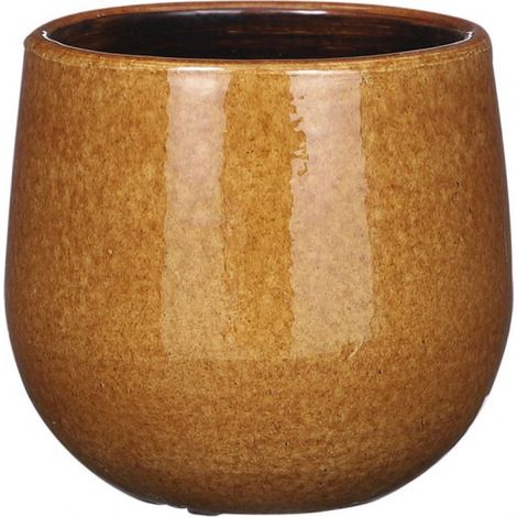 Blumentopf/Pflanztopf – Keramik – glänzend ockergelb/gesprenkelt – Durchmesser 14 cm/Höhe 12 cm (1/3)
