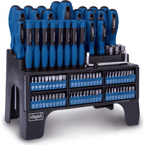 Scheppach – Set de tournevis et embouts magnétiques 100 pièces – Acier chrome-vanadium – Poignées ergonomiques Softgrip – Support mural compact