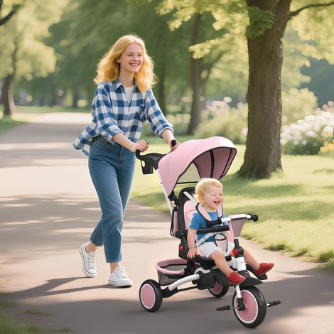 Triciclo per bambini, passeggino 6 in 1 per i più piccoli, con maniglione, sedile regolabile, design pieghevole, rete di sicurezza