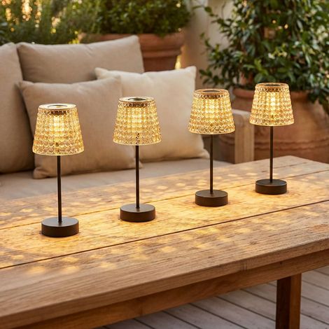 Außenlampe Solarlampe Tischleuchte LED Gartenlampe Kristallleuchte rauchfarben. Kunststoff schwarz, Akku IP44, 3000K warmweiß, H 29 cm, 4er Set