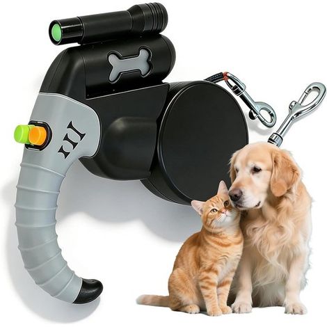 Harnais double 2 en 1 pour chien - Noir et gris - Laisse extensible avec éclairage LED et boîte de rangement - Laisse pour chien (1/5)