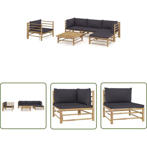 The Living Store Salon de jardin 6 pcs avec coussins gris foncé bambou - Salon De Jardin - Mobilier De Jardin - Set De Salon - Meubles De Jardin - Bambou (1/5)