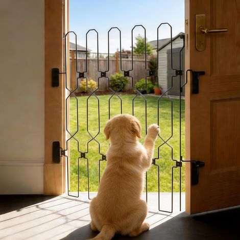 Barrière Chien, 66 x 78 cm Barriere de Securite Chien Rétractable en Métal Barriere de Securite avec Large Conception Creuse Barrière Intérieur pour Animaux de Compagnie pour Portes D'entrée Chambres (1/5)