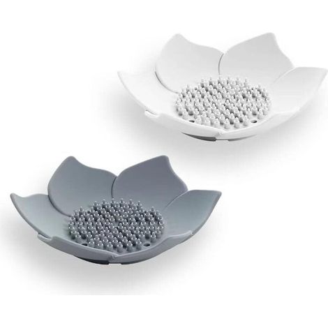 Juego de dos jaboneras con escurridor, jabonera de cocina, jabonera de baño, jabonera con forma de pétalo (blanca y gris) (1/5)
