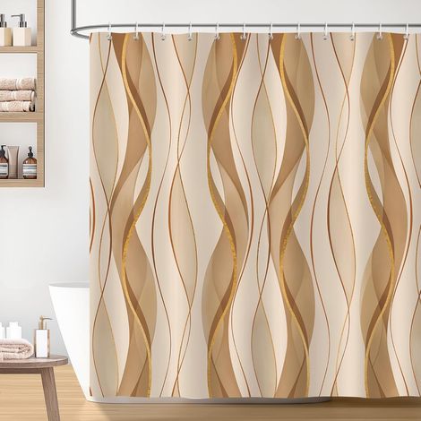e Rideau de Douche Marron Rayé Abstrait Moderne Géométrique Rideau de Bain Tissu Polyester Anti Moisissure Imperméable Lavable Rideaux Salle de Bain 180 x 180 cm avec 12 Crochets pour Baignoire (1/5)