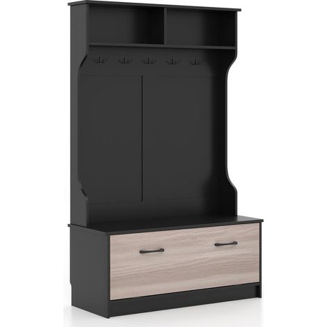 Design 3 en 1, meuble d'entrée avec banc, porte-manteau à crochets et armoire de rangement, pour couloir (1/5)