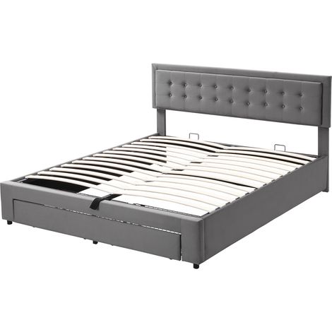 Cama con almacenaje y cajones, terciopelo gris, 180 x 200 cm, cabecero ajustable, HOMVRA (1/5)
