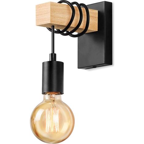 Applique Murale Industrielle en Bois Lampe Murale Vintage Eclairage Murale intérieur Rétro E27 Spot Mural pour Salon Chambre Salle à Manger Couloir Bar Noir (sans ampoule)