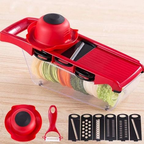 Tritatutto multifunzione per uso domestico: affettatrice, tagliaverdure, taglia cipolle, taglia frutta e formaggio, con 6 lame di sicurezza intercambiabili, colore rosso. (1/4)