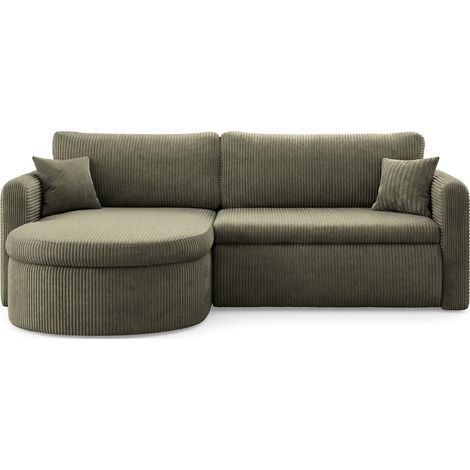 Ecksofa in L-Form mit Schlaffunktion & Stauraum – Universell Montiebar Rechts/Links 4-Sitzer Schlafsofa inkl. 2 Dekokissen und Rückenkissen 250 x 160 x 83 cm – Olivgrün Cord Chenille