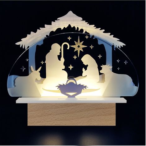 Crèche de Noël lumineuse LED 3D – Scène de la Nativité en plexiglas et bois clair – Dimensions 25 x 20 cm – Fabrication artisanale française – Adzif.Biz Le Sticker De Decoration (1/5)