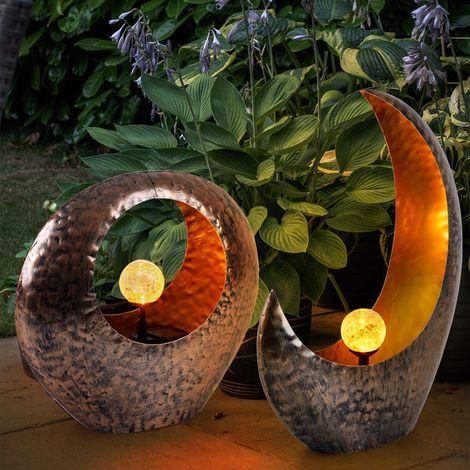 Lampes solaires solaires pour décoration de jardin extérieur croissant de lune lampes solaires de patio extérieur, effet de feu, laiton, 1x LED blanc chaud, lot de 2