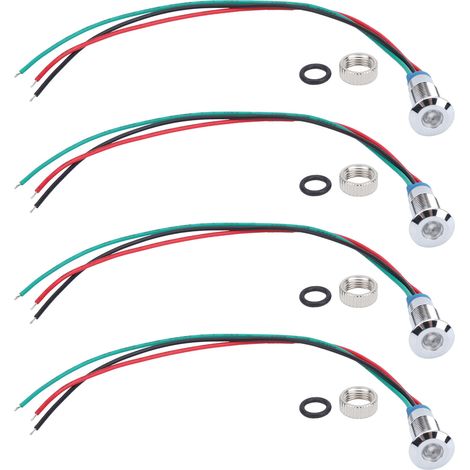 Kit 4 voyants LED bicolores rouge/vert 8mm 12-24V, métal étanche, anode commune, signal témoin lumineux pour tableau.