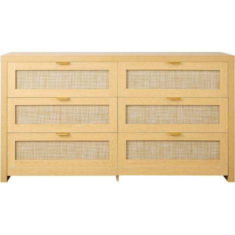 Kommode aus Rattan mit sechs Schubladen, geräumige Schlafzimmerkommode, Kommode aus Naturrattan mit Metallgriffen, moderner Kleiderorganizer aus Holz für Schlafzimmer, Wohnzimmer und Flur, helles Holz (1/5)
