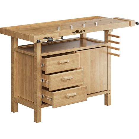 Wiltec – Établi en bois de caoutchouc 126x50x84cm – Épaisseur 18mm – 2 pinces de serrage et 4 crochets – 3 tiroirs et compartiment outils (1/5)