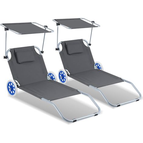 Lot de 2 chaises longues de plage pliables avec toit - Avec roulettes - Dossier réglable sur 5 positions - Charge maximale : 100 kg - Pour plage ou piscine - En aluminium - Gris (1/5)