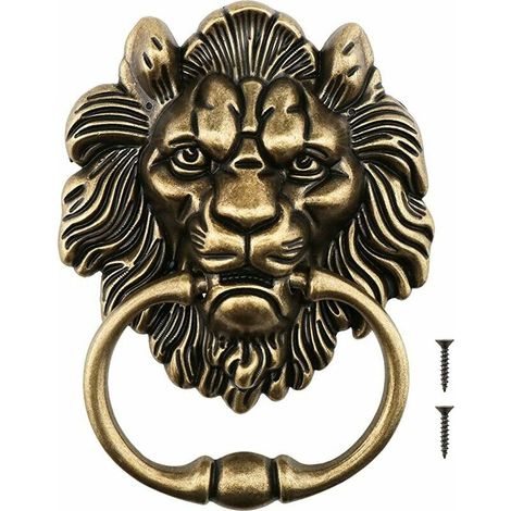 Heurtoir décoratif en forme de tête de lion avec vis en alliage de bronze poli - Design antique classique pour portes d'entrée et porches principales - 15,8 cm (1/5)
