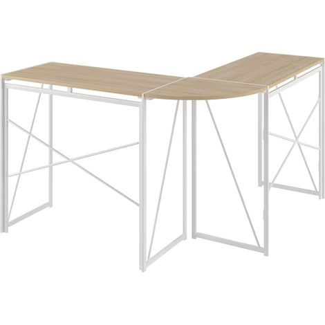 CHICFURN Scrivania angolare a L 119,5 x 38 x 75 cm in metallo e MDF bianco e legno chiaro (1/5)