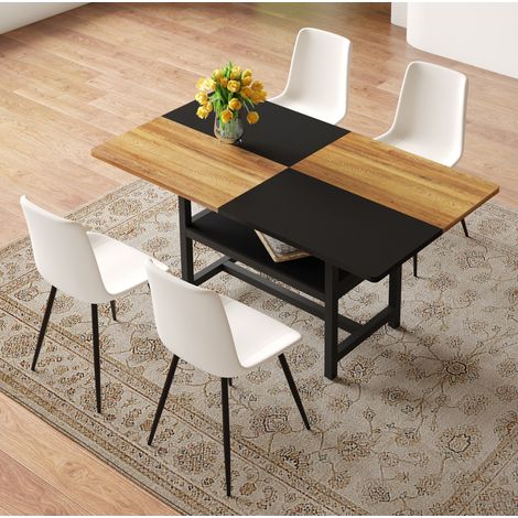 Juego de comedor rectangular con almacenaje integrado, 4 sillas, MDF y metal, marrón, blanco y negro (1/5)