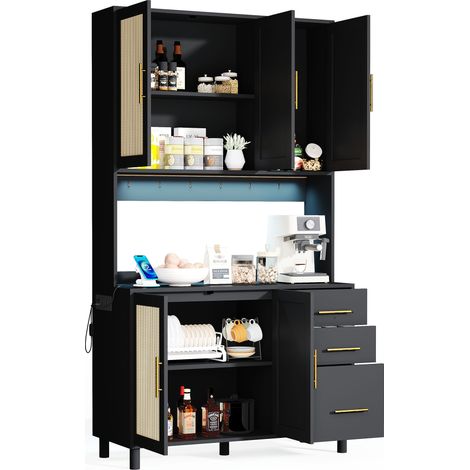Credenza da Cucina con 3 Cassetti 3 Ante LED, Prese e USB, Ripiani Regolabili, in MDF, Nera (1/5)