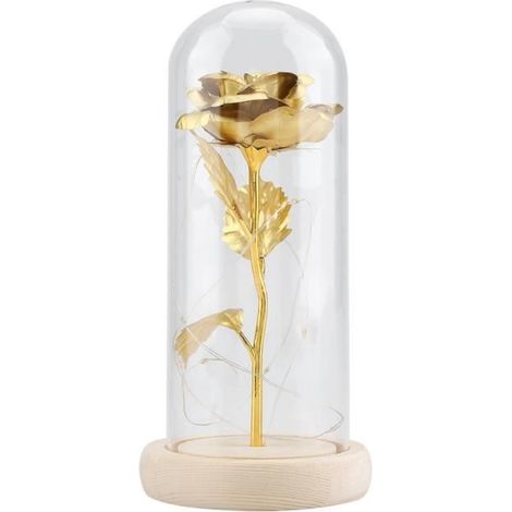 Fleur Rose Éternelle Lumière LED - Doré - Base en Bois - Cadeau de Mariage Saint-Valentin (1/4)