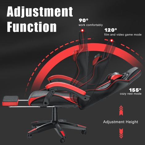 Ergonomic PU Leather Racing Gaming Chair with Footrest 155° Reclining Backrest Swivel Office Chair Black+ Red