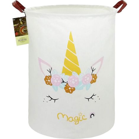Grand panier à linge rond pliable en toile de coton imperméable avec poignées renforcées pour chambre à coucher, salle de bain, dortoir, décoration d'intérieur, motif licorne magique (1/5)