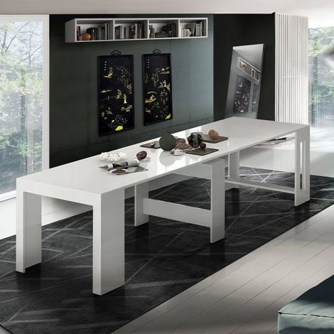 Table À Manger extensible en bois Blanc Brillant 90x51-300cm Design Salon Pratika White
