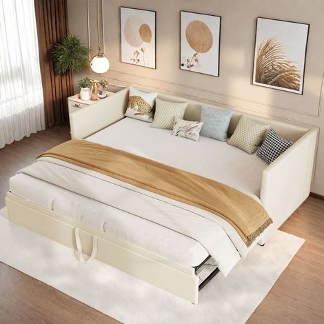 Cama lit gigogne 90/180x200 cm - Cama convertible 2/3 plazas - Sofá cama gigogne de terciopelo - Sofá cama extensible con somieres - Beige (1/5)