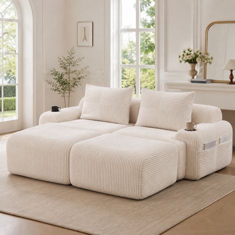 Canapé modulable velours côtelé 2 places 2 poufs combinable porte-gobelet poche rangement latérale salon séjour design moderne beige (1/5)