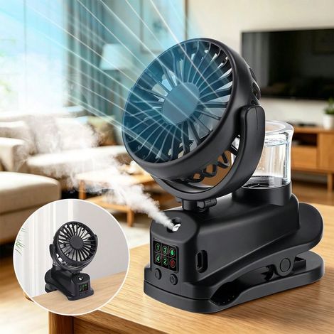 1-teiliger Clip-On-Tischventilator mit 2-in-1-Funktion, 4 Windgeschwindigkeiten, LED-Anzeige, 1200 mAh wiederaufladbarer, tragbarer Zerstäuber-Kühlventilator, Mini-Ventilator, geeignet für Zuhause und