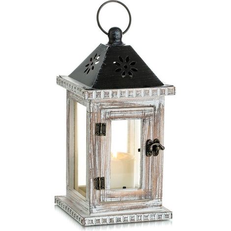 Lanterne Bougie Bois Exterieur, 28cm Lanterne Decorative Bougeoir Vintage,Table Maison Jardin Deco, Blanc