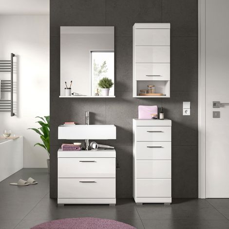 Ensemble 3 meubles salle de bain avec miroir blanc brillant - KAN