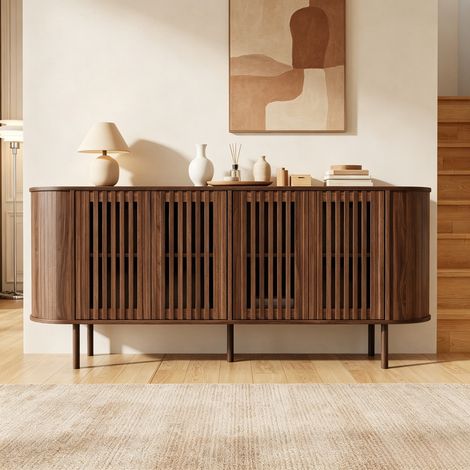 Buffet bas 160x40x70 cm, 4 portes coulissantes perforées, étagères réglables, coins arrondis, pieds métal noirs, meuble en MDF, effet noyer (1/5)