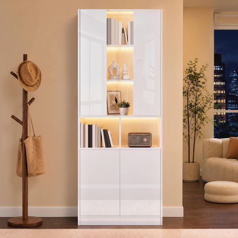 Armoire haute avec fenêtre en acrylique, éclairage LED, contrôle par application, divisée en deux, doubles portes, étagère réglable, pour salon, couloir, chambre, armoire de rangement (1/5)