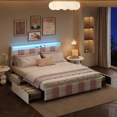 Lit adulte 160x200 avec tiroirs, lit 160x200, lit double, lit capitonné, tête de lit souple, LED et ports USB, blanc et rose, velours (1/5)
