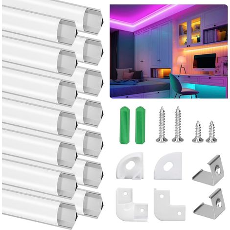 Profile Aluminium LED Angle 45°, 14 x 1M/3.3ft V-Shape  Couvercle Diffuseur Blanc, Embouts et Clips Métal, Compact, Facile à Couper et Installer pour Ruban LED (1/5)