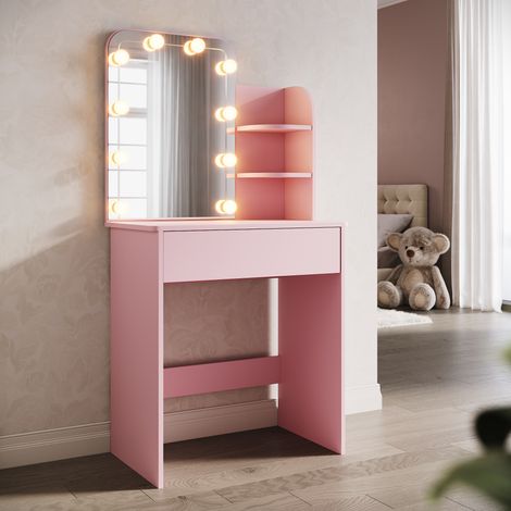 SIRHONA Mesa Maquillaje con Espejo y Bombillas Mesa de Maquillaje con 1 Cajones y 3 Compartimentos de Almacenamiento Estilo Moderno Rosa 70 x 40 x 140cm (1/5)
