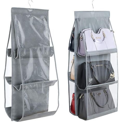 Set di 2 organizer da appendere per borse, borsa portaoggetti per armadio, guardaroba, sistema di organizzazione, 6 tasche antipolvere, scomparto trasparente, tessuto non tessuto - Grigio (1/5)