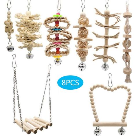 Ensemble de 8 jouets pour perroquet : balançoire, échelle, perchoir, hamac et blocs à mâcher pour cage à oiseaux (1/5)