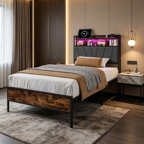 Lit Simple 90x200 cm avec LED, Lit Adulte avec port USB et Type-C, Tête de Lit Rembourrée avec Étagères de Rangement, Gris (1/5)