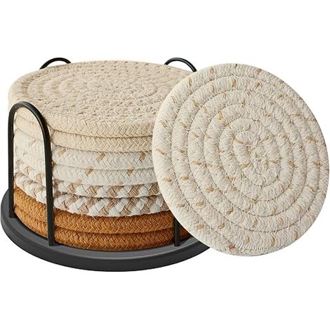Sous-verres coton tissé absorbants lot 8 avec support, décoration table bohème, dessous verre réutilisable maison restaurant (1/5)