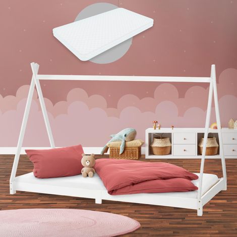 ML-Design Cama Infantil Tipi Blanca 90x200 cm + Colchón de Espuma Fría 10cm y Somier de Listones, Cuna de Suelo Juvenil de Madera Maciza de Pino, Lecho para Niño y Bebé, Casa Tienda de Campaña Juego (1/5)